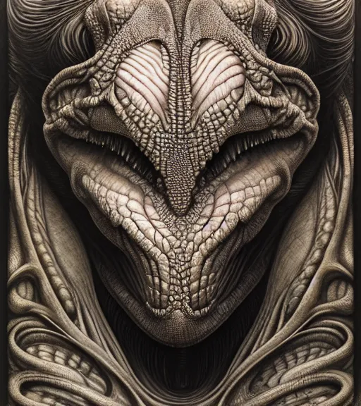 Prompt: detailed realistic beautiful dinosaur goddess face portrait by jean delville, gustave dore, iris van herpen and marco mazzoni, art forms of nature by ernst haeckel, art nouveau, symbolist, visionary, gothic, neo - gothic, pre - raphaelite, fractal lace, intricate alien botanicals, ai biodiversity, surreality, hyperdetailed ultrasharp octane render