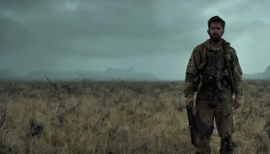 Prompt: lone survivor man holding walkie - talkie!! in post - apocalyptic nature landscape. movie screenshot. shallow depth of field, cinematic. cinematic composition