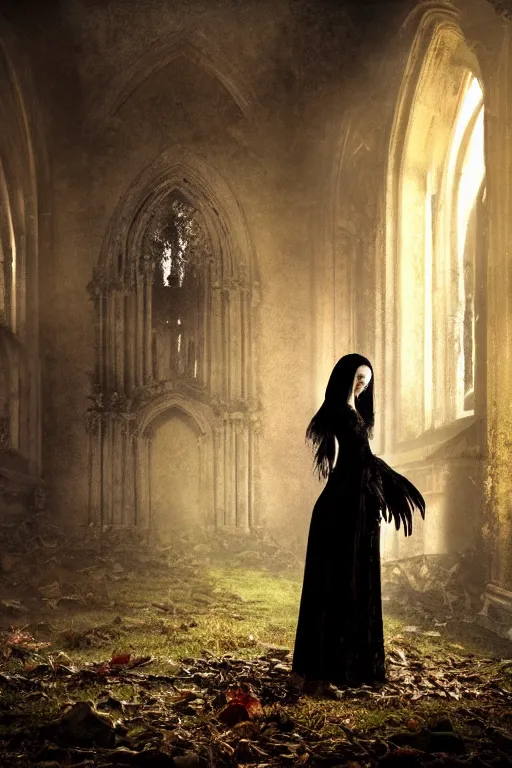 Prompt: baroque gothic woman, lit by a single candle, inside a ruined abbey, a crow stood nearby, cobwebs, dead leaves, 4 k resolution, concept art, mist, autumnal, chiaroscuro,