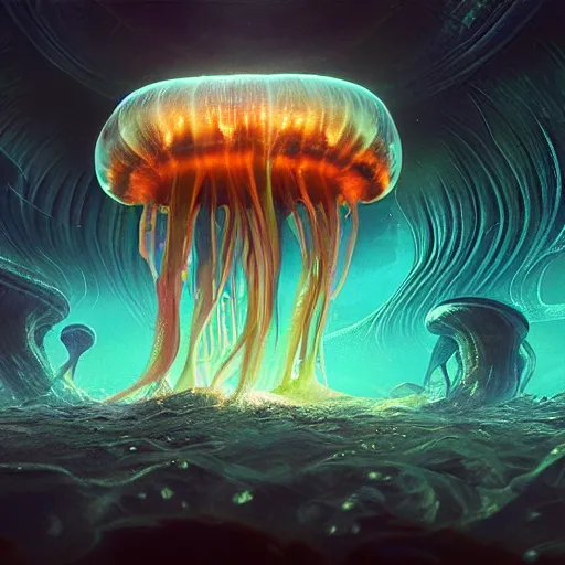 Image similar to photorealistic alien jellyfish world in the style of greg rutkowski and michael whelan. hyperdetailed photorealism, 1 0 8 megapixels, amazing depth, glowing rich colors, powerful imagery, psychedelic overtones, 3 d finalrender, 3 d shading, cinematic lighting, artstation concept art