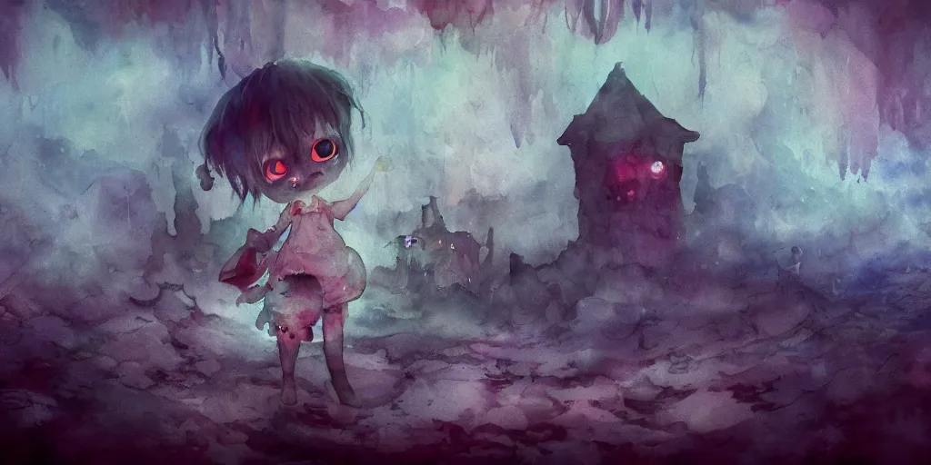 Prompt: dreamlike nightmare watercolor painting cute fumo plush girl in tattered ghostly robes with burning red eyes in the flooded watchtower of a fallen civilization in a deep rocky cavern, washed out melting paint, long glowing wisps volumetric smoke, complementary colors, ssao, deep focal depth f / 2. 8 captured on canon eos r 6, vray