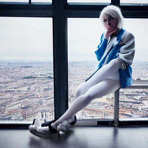 Image similar to 19-year-old Aristocratic platinum-blonde-haired hime-cut blue-eyed French empress wearing white leggings and black jacket, looking out open window, sitting in French apartment, communist city, futuristic city, cyberpunk city, HD photograph