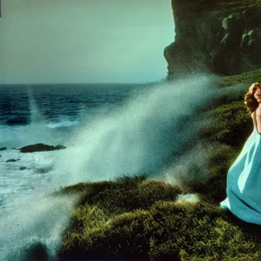 Prompt: 1 9 7 0's artistic italian western film in color, a woman in a giant billowy wide flowing waving dress made out of ocean waves and sea foam, standing inside a green mossy irish rocky scenic landscape, huge crashing waves and sea foam, volumetric lighting, backlit, moody, atmospheric