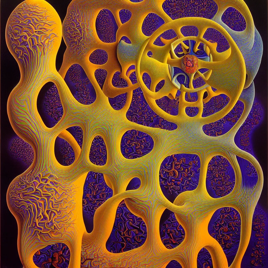 Image similar to strange loop of consciousness, recursion, fractals, surreal, by salvador dali and mc escher and alex grey, oil on canvas, weird, dreams, fantasy, intricate details, soft lighting, warm colors