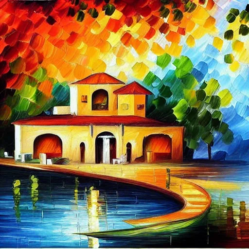 Prompt: a modern moroccan house on the lake, by leonid afremov