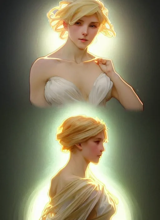 Prompt: digital character concept art by artgerm and greg rutkowski and alphonse mucha. clear portrait of a modern young wife blessed by god to uncontrollably become overwhelmingly perfect!! blonde, clothed! obviously feminine holy body!! light effect. hyper detailed, glowing lights!! intricate, elegant, digital painting, artstation, smooth, sharp focus