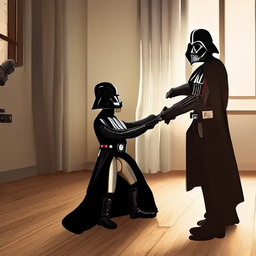 Image similar to darth vader playing with female dolls in his room, photorealistic image