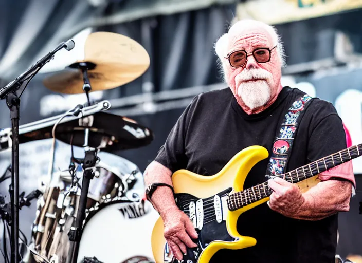 Image similar to photo still of wilford brimley on stage at vans warped tour!!!!!!!! at age 6 0 years old 6 0 years of age!!!!!!! shredding a guitar on stage, 8 k, 8 5 mm f 1. 8, studio lighting, rim light, right side key light