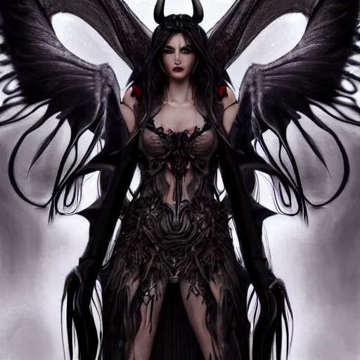 Image similar to perfectly - centered - portrait - photograph of evil fallen angel with long horns wearing a dress, the perfect human female specimen, intricate, elegant, super highly detailed, professional digital painting, artstation, concept art, smooth, sharp focus, no blur, no dof, extreme illustration, unreal engine 5, 8 k, by anne stokes