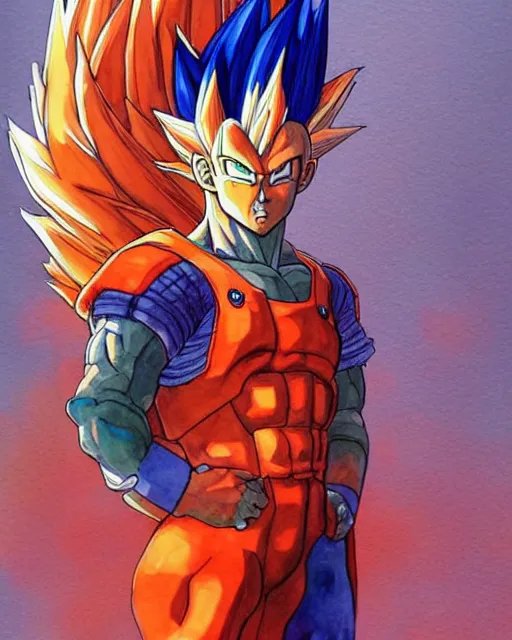 Image similar to a watercolor painting full body character portrait of a super saiyan superhero in the style of jean giraud in the style of moebius trending on artstation deviantart pinterest detailed realistic hd 8 k high resolution