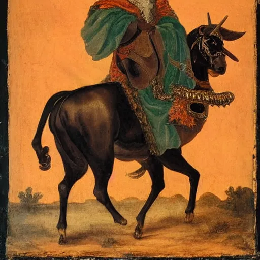 Image similar to photograph of a black man with afro hair wearing an army green cloak, riding!!! an orange colored bull!!!, renaissance style painting