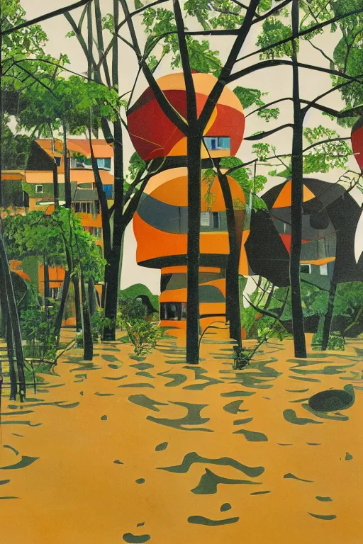 Image similar to spherical tree houses in flooded street ( ( ( ( painting by aaron douglas ) ) ) ) painting by alvar aalto