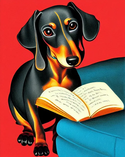 Image similar to dachshund reading a book, painting, super detailed and intricate, hyper realistic, by koson ohara, by darwyn cooke, by hiroshi yoshida, by kentaro miura