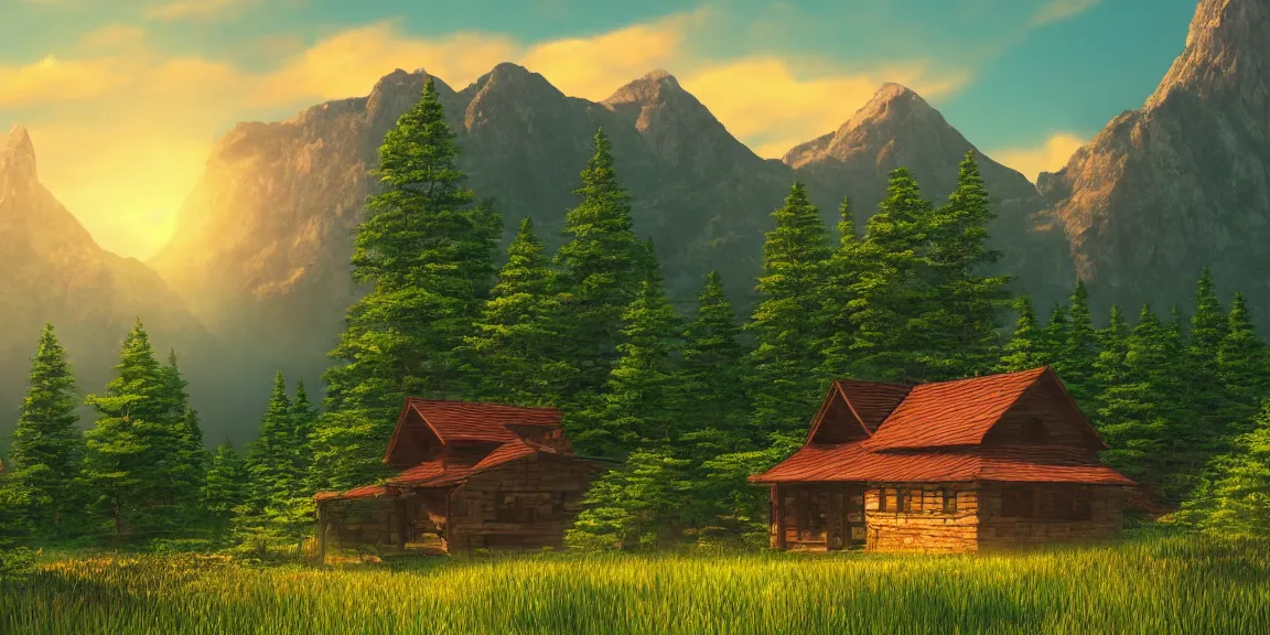 Image similar to a serene mountain landscape with a singular building near a lake at sunset anime style 8k low saturation high quality high detail cartoon