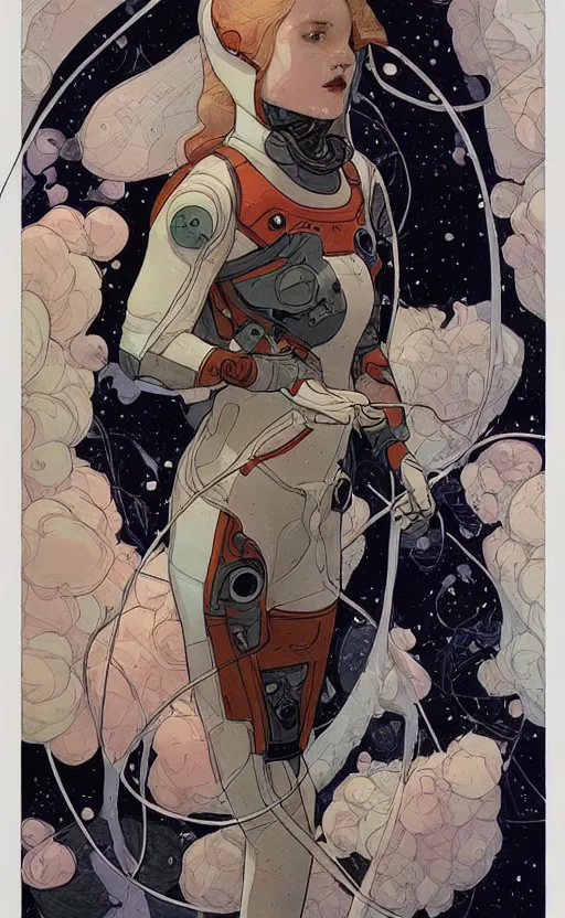 Image similar to a beautiful woman in a future space suit artwork by james jean, Phil noto and rebecca guay