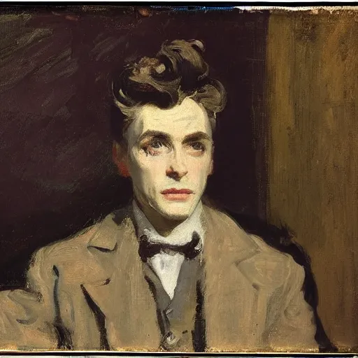 Image similar to portrait of dorian gray by walter sickert, john singer sargent, william open, oil on canvas, national portrait gallery