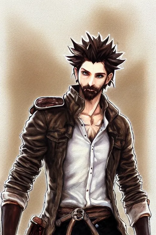 Prompt: man, stubble beard, brown messy hair!, brown eyes, pale skin, black gloves!! and boots, white shirt blue jeans!! dark coat standing in desert an ultrafine detailed painting, detailed painting, detailed eyes!!, final fantasy octopath traveler lovecraft ghibly