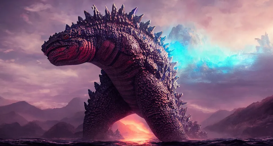 Image similar to a beautiful painting of a godzilla fish, octane render, brilliantly coloured, intricate, ultra wide angle, trending on artstation, dusk, volumetric lighting, polished, micro details, ray tracing, 8k