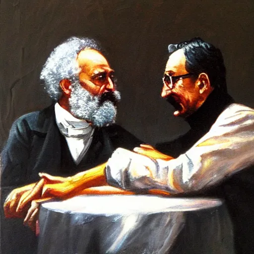 Prompt: oil painting of karl marx and friedrich hayek arm wrestling n 9