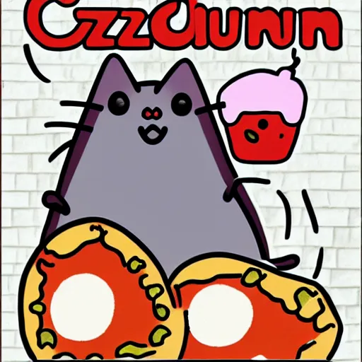 Image similar to a cartoon of pusheen the cat dressed up as a pizza, illustrated by claire belton and andrew duff