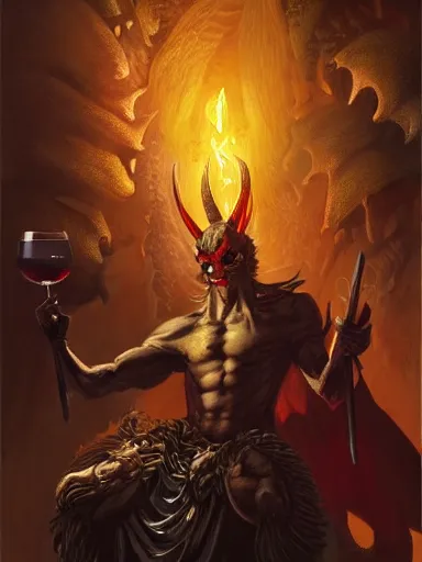 Prompt: satan, lucifer, beelzebub, mephistophelesdrinking wine. intricate, elegant, highly detailed, digital painting, artstation, concept art, sharp focus, illustration, by justin gerard and artgerm, 8 k