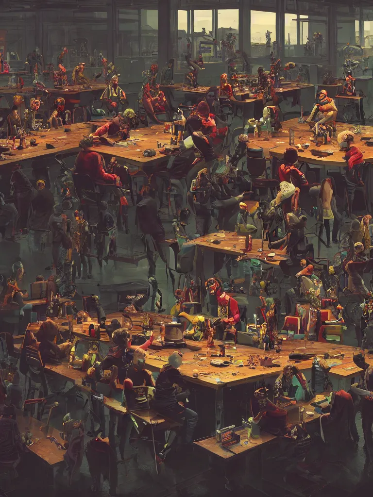 Image similar to a large table with punks, criminals and robots in a painting from stalenhag, 4 k, 8 k, hdr, artstation, concept art