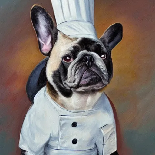 Prompt: stressed french bulldog chef attire, detailed rococo painting