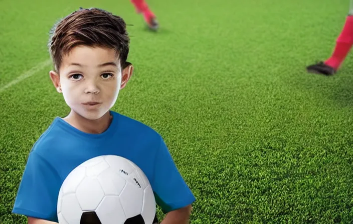 Image similar to a little boy with a soccer ball under his arm as seen from the back stands next to a soccer field and looks hopefully at a full soccer stadium and hopes he can join the first team, diffuse light, octane render