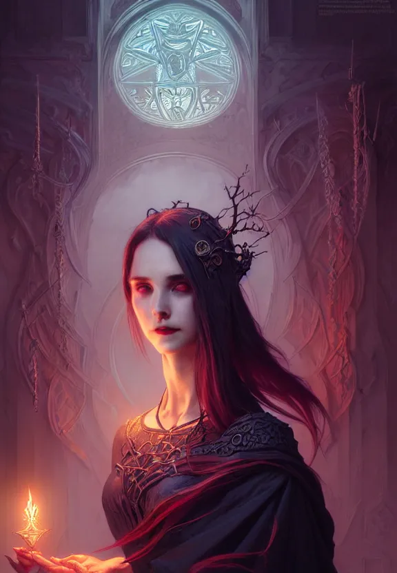 Image similar to Necromancer Sorceress in center, fantasy magic, undercut hairstyle, dark light night, intricate, elegant, sharp focus, illustration, highly detailed, digital painting, concept art, matte, art by WLOP and Artgerm and Greg Rutkowski and Alphonse Mucha, masterpiece