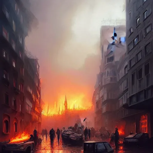 Image similar to city of munich destroyed by a meteor!!!, rubble!!, fires!! hyperrealistic, highly detailed, cinematic, foggy light from fires, beautiful, cgssociety, artstation, 8 k, oil painting by greg rutkowski, by artgerm, by wlop