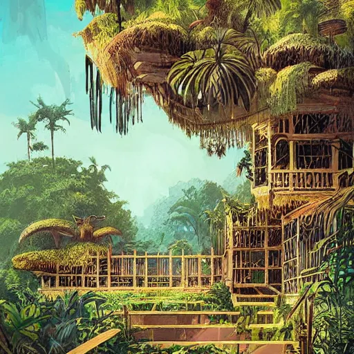 Image similar to jungle mansion by greg rutkowski. day beach by dan mumford.