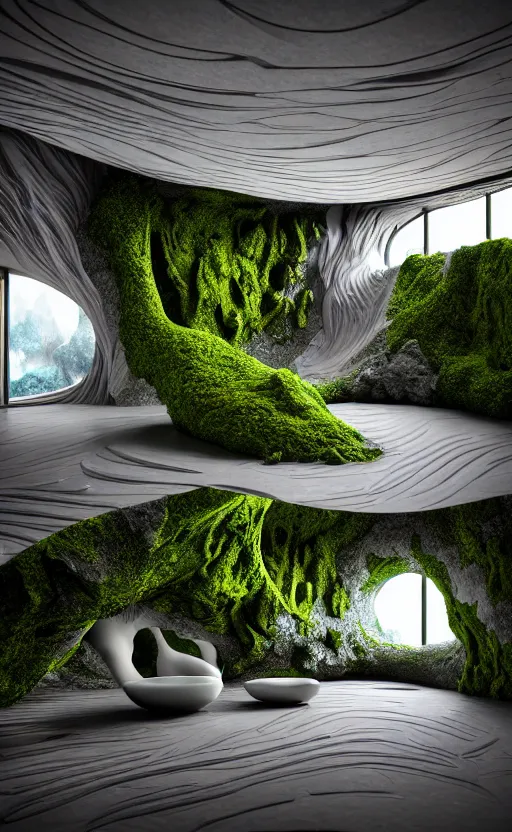 Image similar to highly detailed ultra sharp 3 d render villa interior cinematic composition of a smooth ceramic porcelain biomorphic magnolia stone nebula fluid fractal sci - fi surreal architecture landscape, granite, metallic, magnesium, marble, moss and lichen, vincent callebaut composition, mamou - mani, archviz, beautiful lighting, 8 k, unreal engine, hdr,