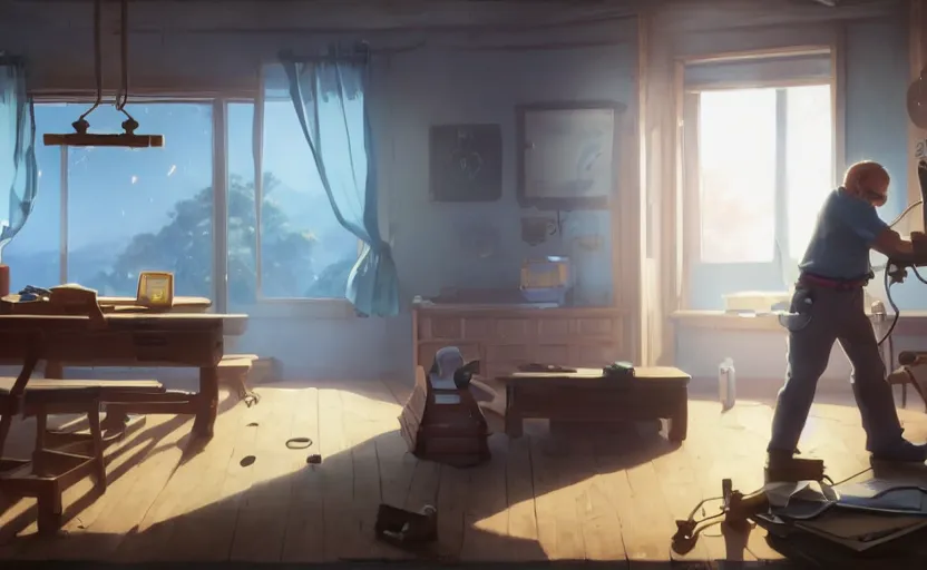 Prompt: a wholesome animation key shot of a carpenter fixing a broken robot that is on top of a table, medium shot, waist up, studio ghibli, pixar and disney animation, sharp, rendered in unreal engine 5, anime key art by greg rutkowski, bloom, dramatic lighting