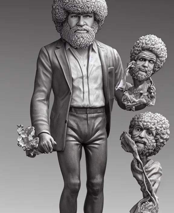 Prompt: a hyper-detailed marble statue of Bob Ross; anatomically correct; an extraordinary masterpiece!!!; flawless; fearful posture; photorealistic eyes; trending on artstation; f/1.4; 90mm