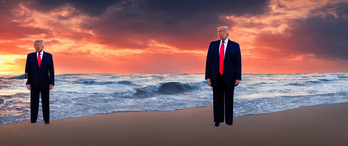 Image similar to donald trump at the beach, mordor looming behind the sunset 4 k, hd, explosive, colorfull