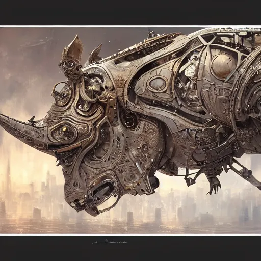 Image similar to a biomechanical rhino made of scrap metal, cyberpunk, macro, intricate, elegant, highly detailed, digital painting, artstation, biolusence, concept art, sharp focus, art by artgerm and greg rutkowski and alphonse mucha, 8 k