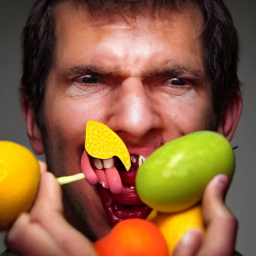 Prompt: a man with a long nose, eating fruits, maniac, crazy, midshot, camera photography, award winning, realistic