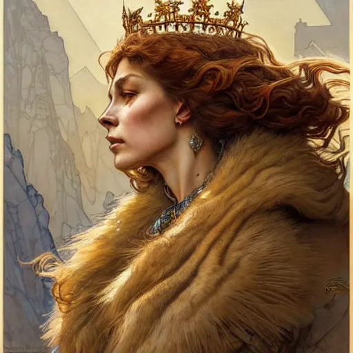 Image similar to highly detailed portrait of a majestic lioness queen as a beautiful woman. d & d, art by anton pieck and greg rutkowski and alphonse mucha and magali villeneuve. trending on artstation, intricate details, energetic composition, golden ratio, concept art, illustration, elegant art