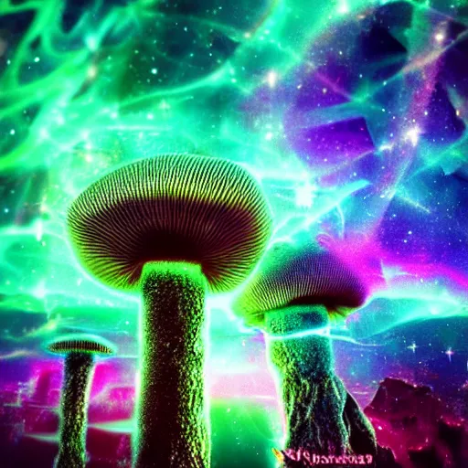 Prompt: a shrooms trip in a Synthwave city, fractals, nebula photo, photography by nasa