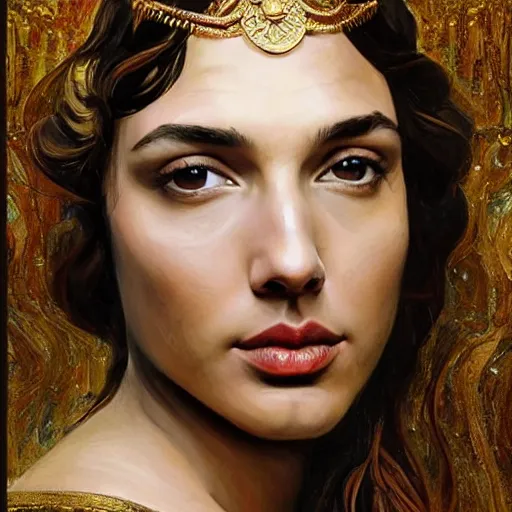 Image similar to Oil painting of the beautiful woman Gal Gadot, she is wearing some withe ancient greek cloths and a surreal ornate, her hair is natural disheveled, naturalism, dramatic lighting, high-detailed oil painting by Ilya Repin, Michelangelo da Caravaggio, William Blake, Alex Grey and Beksinski, trending on Artsatio, masterpiece, 4k, 8k,