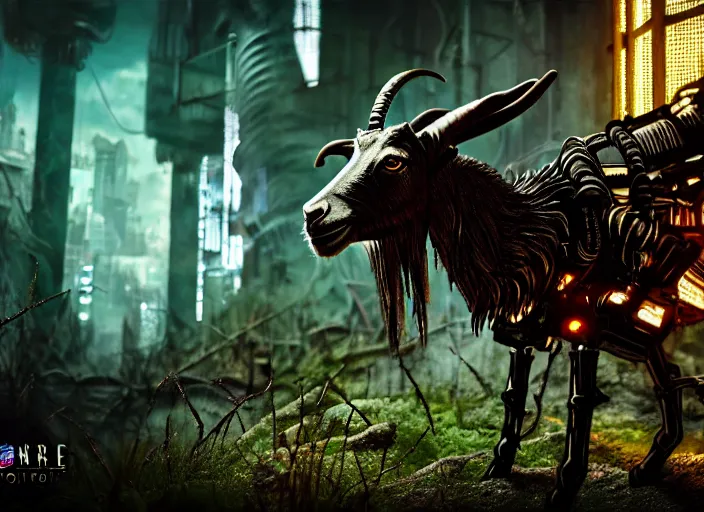 Image similar to intricate goat from overlord anime, on the background of a weird magical mechanical forest. Very detailed 8k. Fantasy cyberpunk horror. Sharp. Cinematic post-processing. Unreal engine. Nanite rendering. Ray tracing