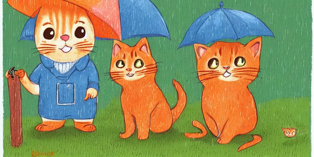 Image similar to a beard man and an orange tabby kitten standing in the rain by richard scarry