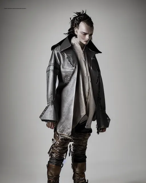 Prompt: a fashion editorial photo of a grey extremely baggy short ancient serbian medieval designer menswear leather jacket with an oversized collar and baggy bootcut trousers designed by alexander mcqueen, 4 k, studio lighting, wide angle lens