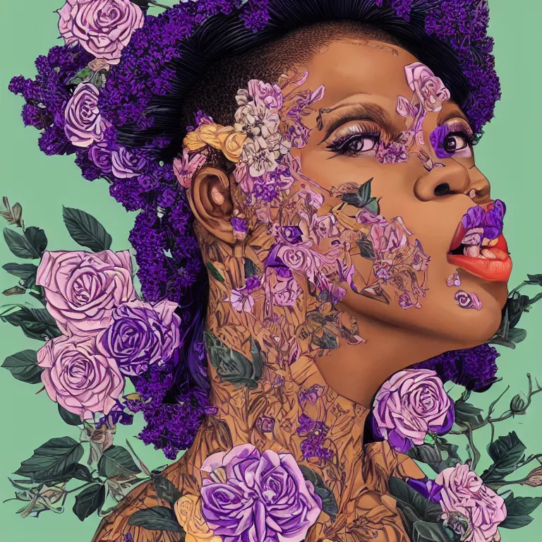 Image similar to gorgeous symmetrical portrait of a crazy black woman with lavender and rose florals growing from her head by tristan eaton and james jean, hyper detailed painting, distance, centered, hd, hq, high resolution, high detail, 4 k, 8 k