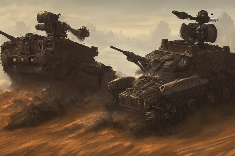 Prompt: a steam powered robot army tank, out in the rocky desert, fantasy, dark, steam punk , sand storm, artstation, concept art, smooth, sharp focus, illustration,