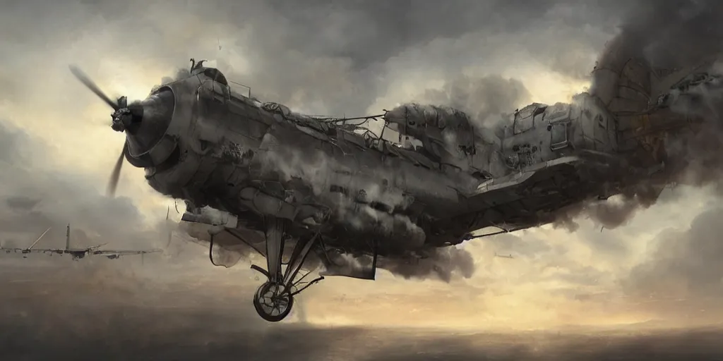 Prompt: steam powered aircraft surrounded by billowing clouds, greg rutkowski, 8 k, shallow depth of field, intricate detail, concept art,