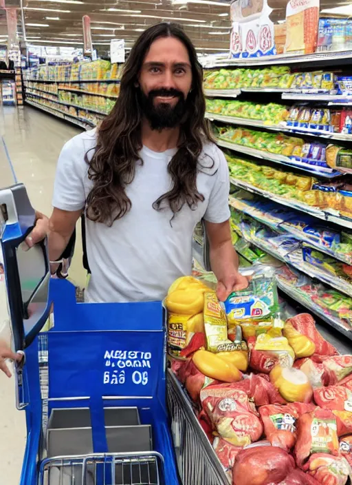 Image similar to jesus looking nervous bagging groceries on a hot day at walmart