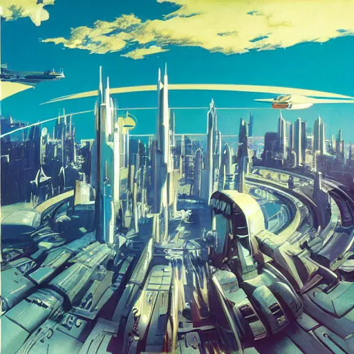 Image similar to aerial view of a science-fiction cityscape, cinematic angle, cinematic lighting, blue sky, sun in the sky, by Syd Mead, John Harris, Federico Pelat