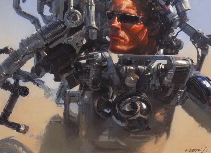 Image similar to a highly detailed beautiful portrait of the terminator t 1 0 0 by gregory manchess, james gurney, james jean