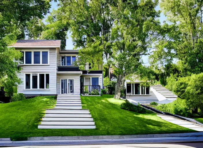 Image similar to a house with only stairs, peaceful suburban scene